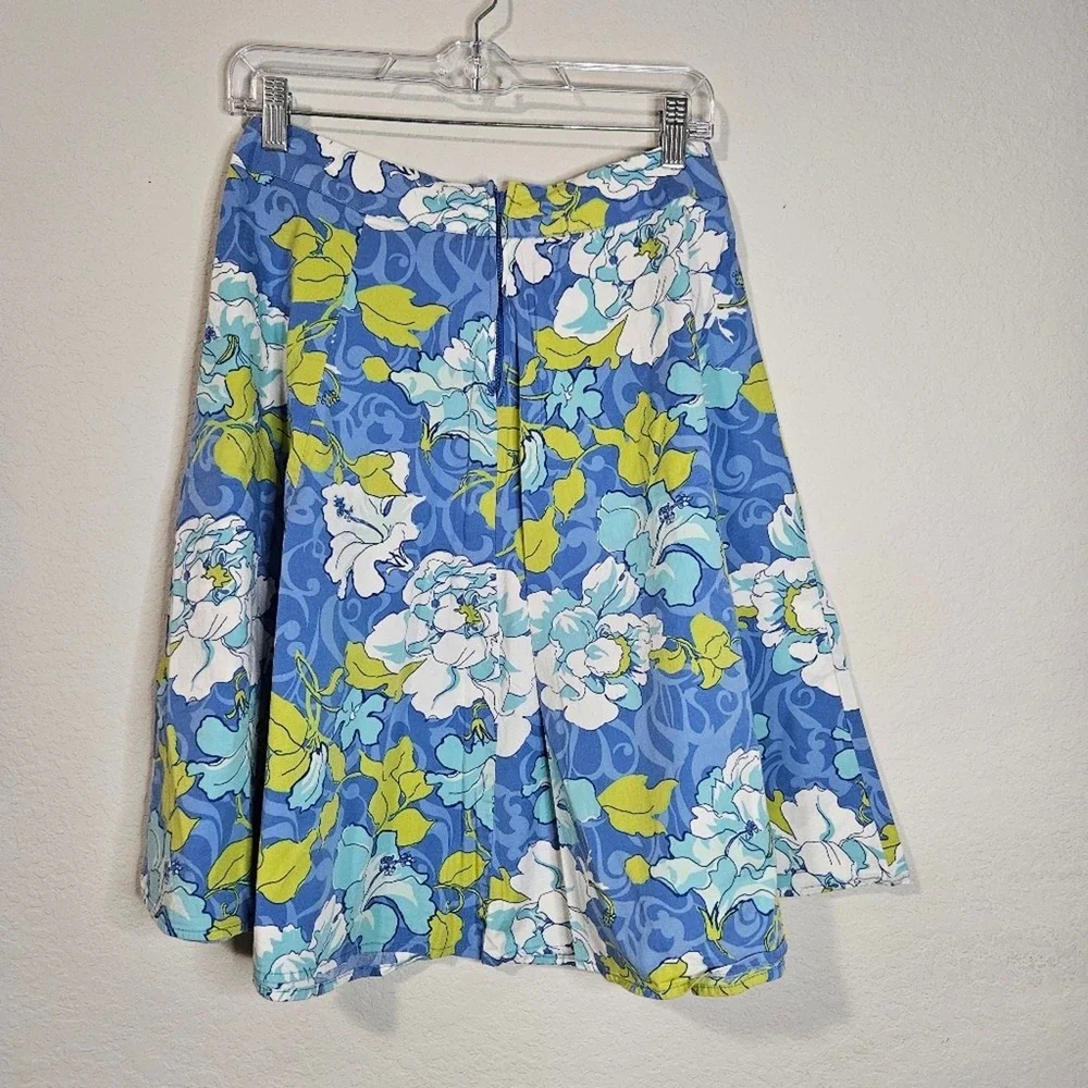 St. John's Bay Floral A-Line Skirt Blue Green Tropical Cotton Sz 6 VTG Summer